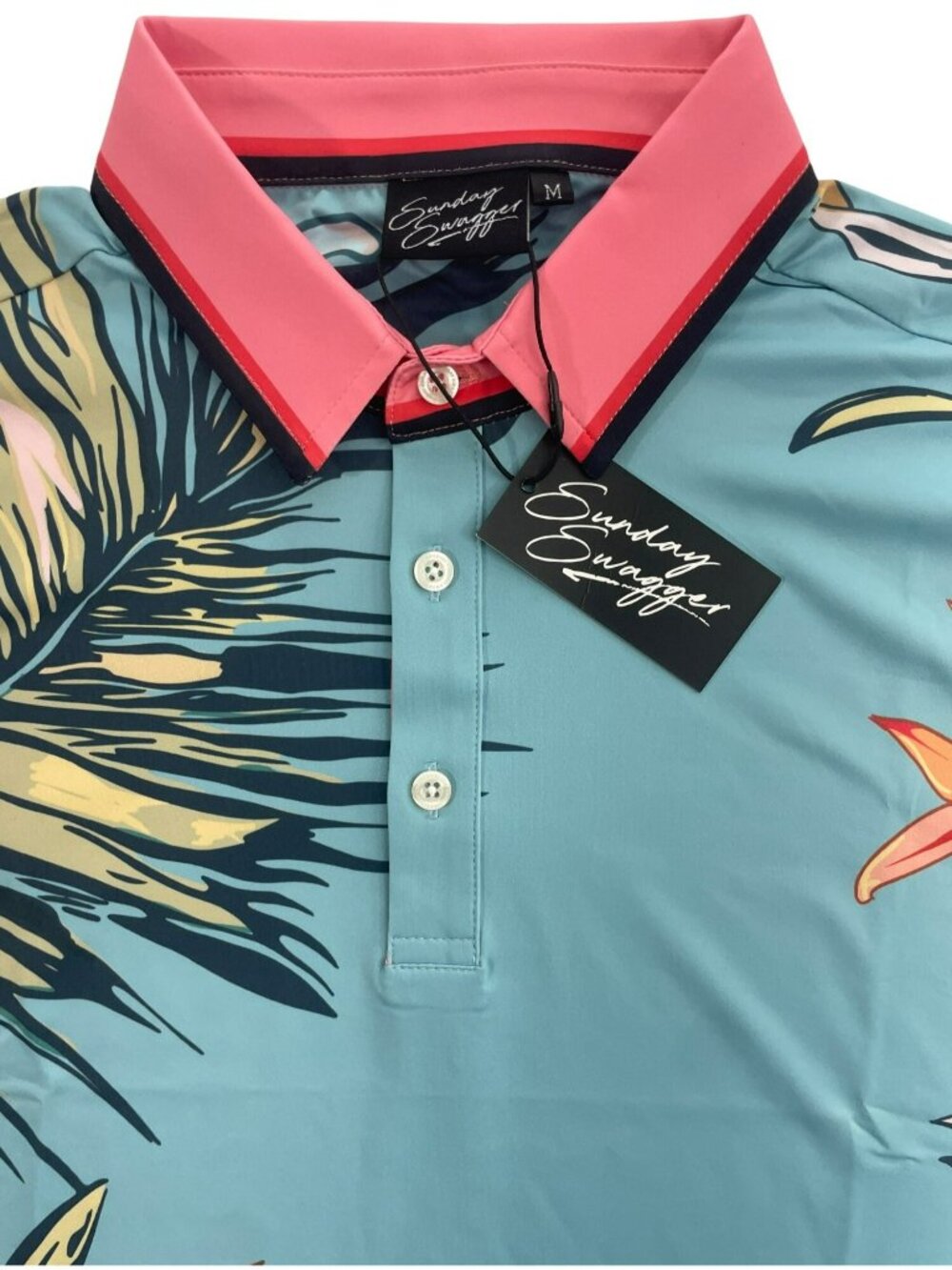 Sunday Swagger Polo Stretch Golf Hawaiian Floral Shirt Blue Pink Men's Sz M NEW - Picture 3 of 7